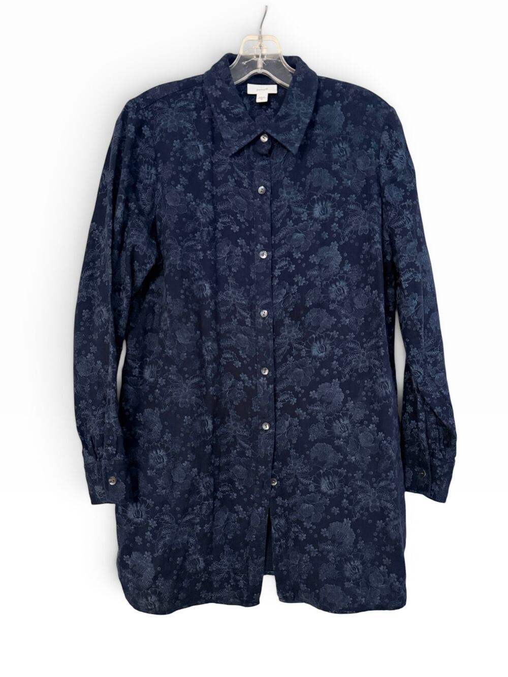 Pure Jill J.Jill Navy Blue Tonal Floral Button Front Long Tunic Shirt XS
